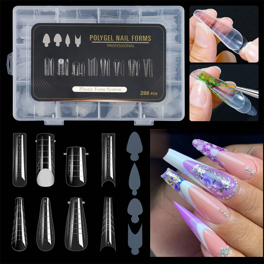 New Supply of Paper-Free Extension Plastic Mold 288 Pieces a Box Nail Crystal Plastic Nail Tips Mold Set Poly Gel Nail Forms