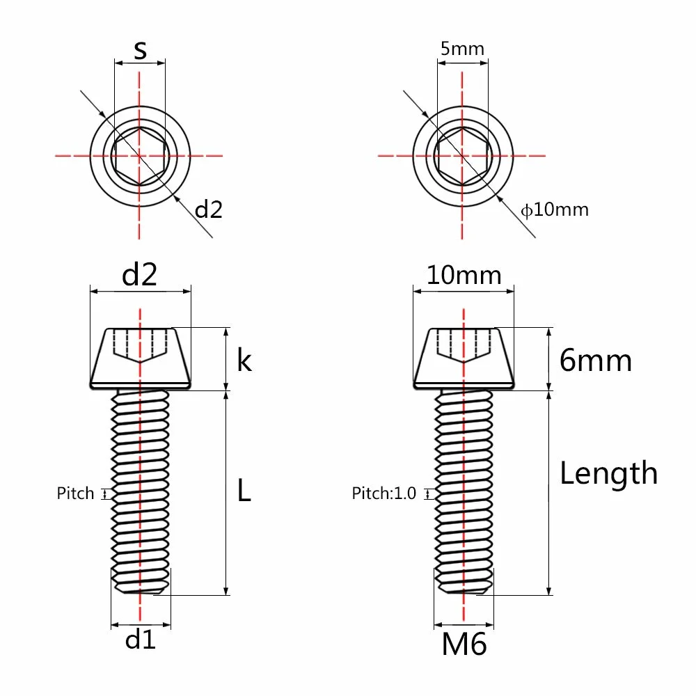 M6 X 45mm Colorful Tc4 Gr5 Titanium Alloy Hex Screw Taper Cone Head Bolts for Bicycle