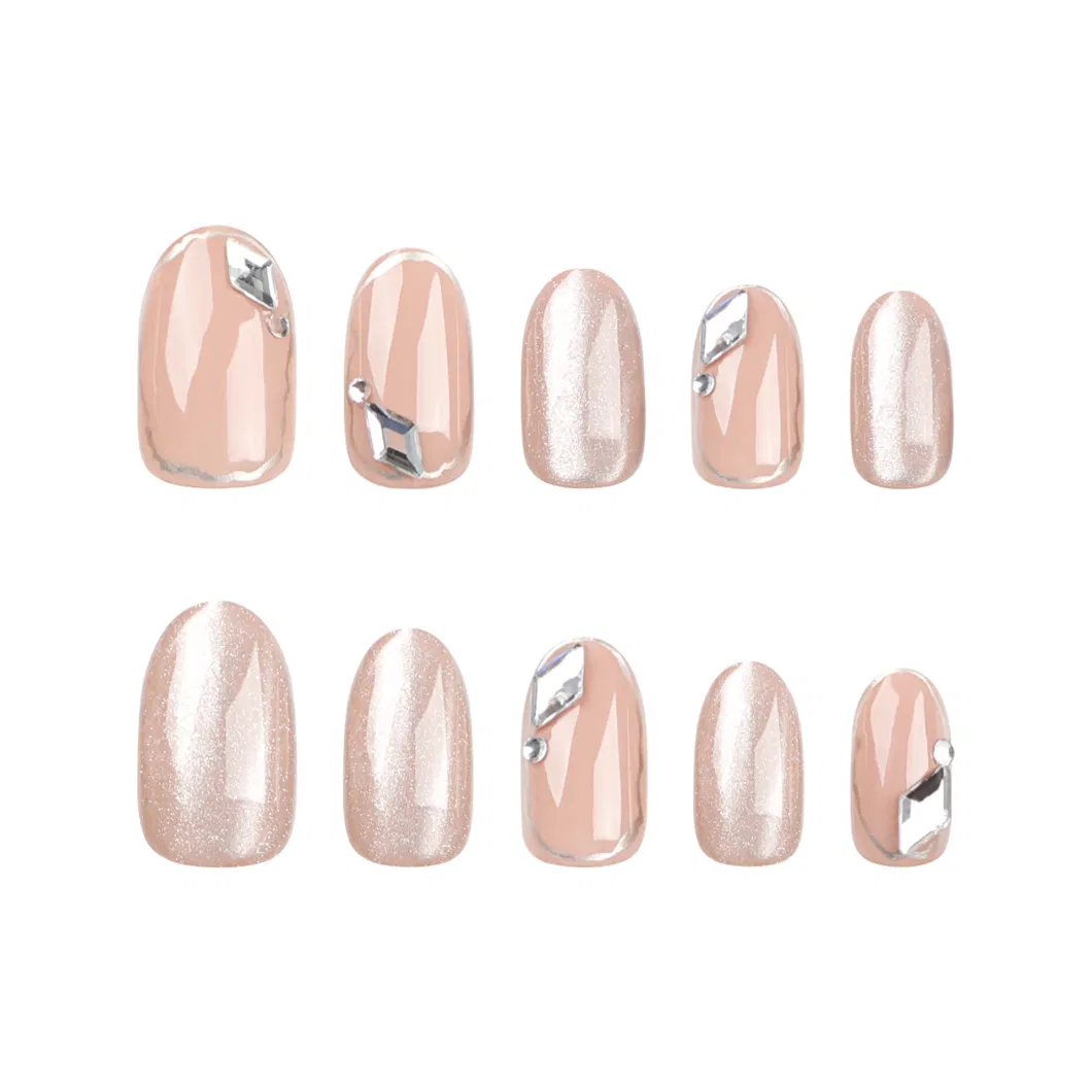 2024 New Simple Diamond Diamond Wearing a Sweet Cat&prime;s Eye Nude Manicure Nail Short Round Fake Nails Wholesale.