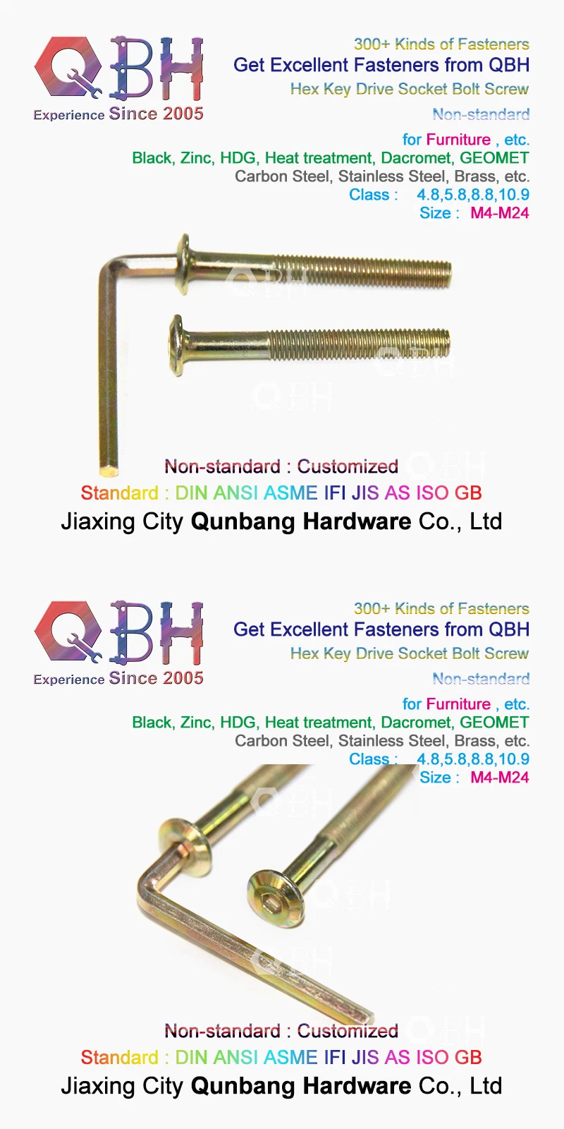 Qbh Customized Non Standard Inner Hex Head Socket Brass Wood Furniture Confirmat Bolt Screw