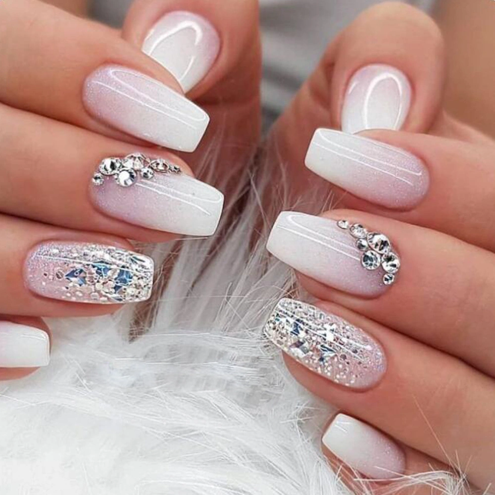 Fake Nails European and American White Edge French Wear Nails Cross Border Diamond Set Wear Nail Nails Finished Wholesale Nails