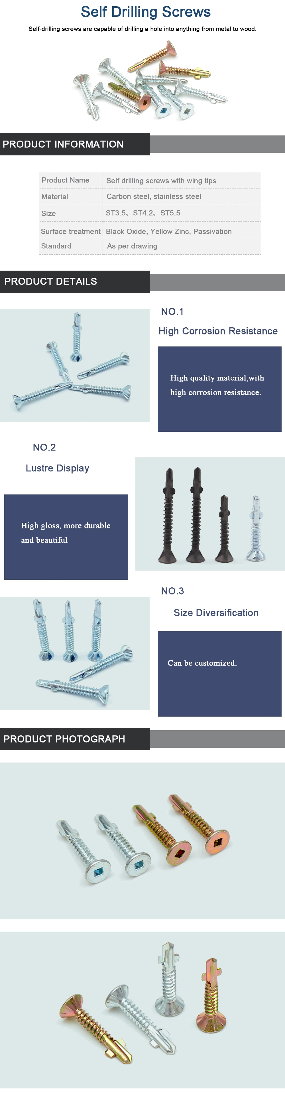 Special Wood Screw Tapping Screw Countersunk Head Screw DIN7504 Self Drilling Screws with Wing