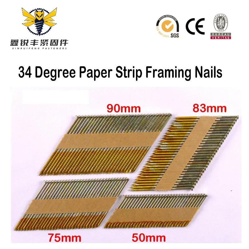 Factory Price Round Head Galvanized Plated Ring/Smooth/Spiral Shank 34 Degree Paper Strip Collated Framing Nails