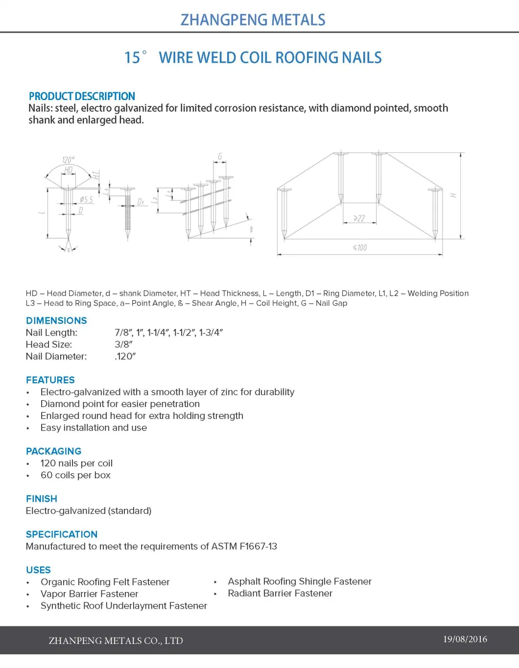 Framing Nails 15 Degree Coil 3 1/4&quot; 4500/Box Roofing Nails