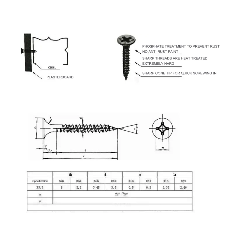 Gypsum Board Screws Carbon Steel C1022A Black/Gray Phosphate Bugle Head Phillips #6 #8 #10 Drywall Screw