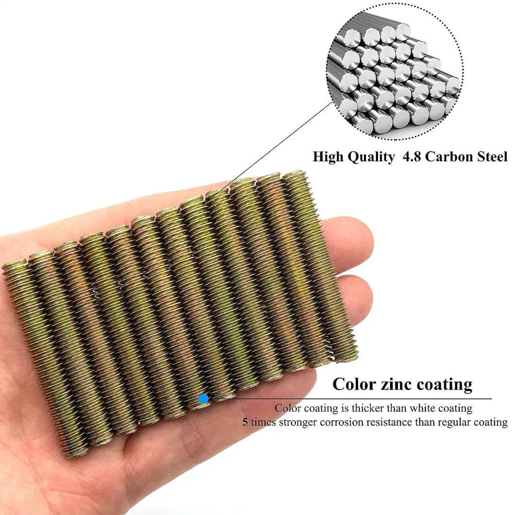 12PCS Color Zinc Fully All Threaded Rod Carbon Steel Long Thread Screw 5/16X2&quot; for Furniture