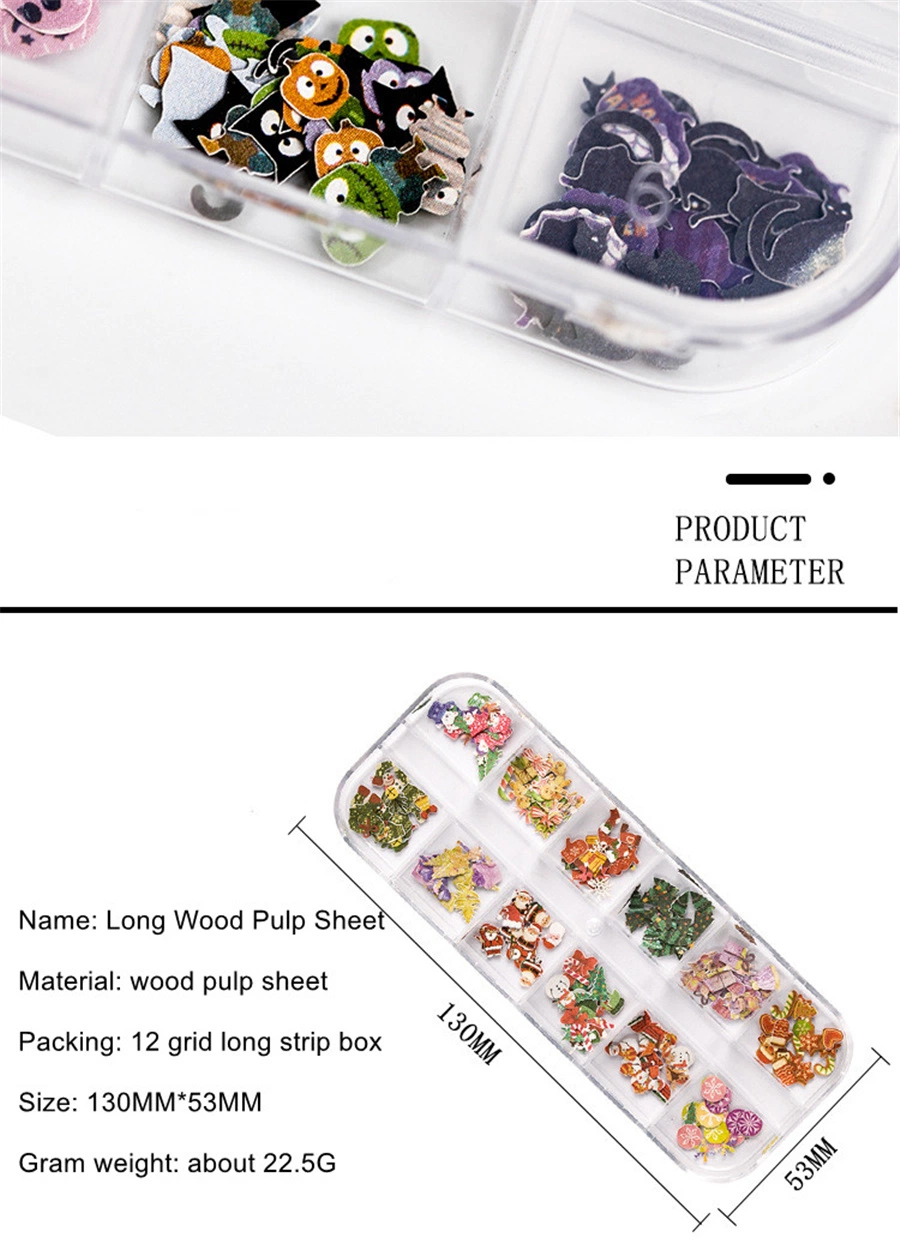 New Christmas Halloween Wood Pulp Strip Box Set Butterfly Flower Nail Jewelry 3D Nail Sequins