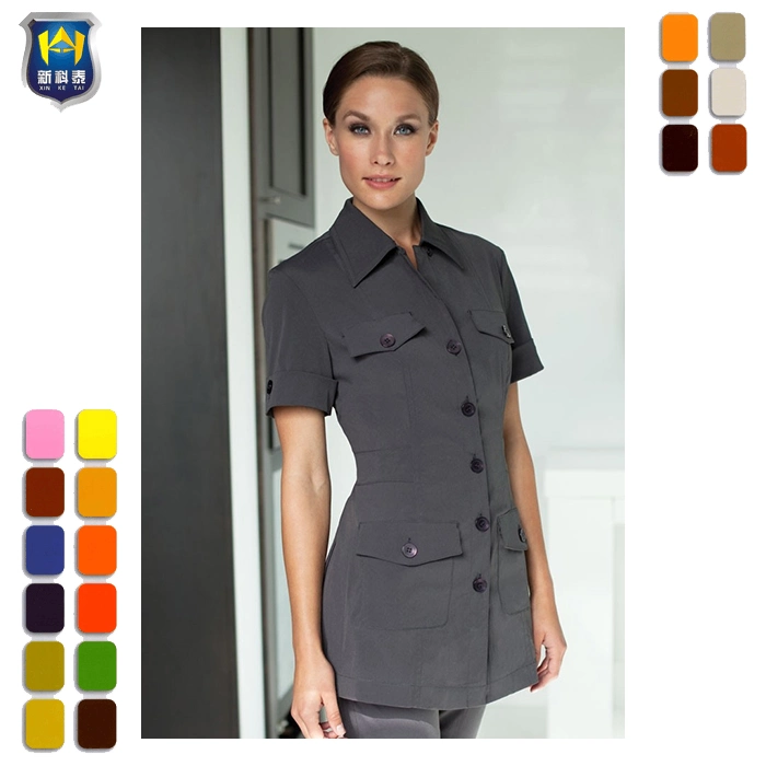 Pointed Collar and Bold Buttons SPA Women Hair Beauty Uniforms Top