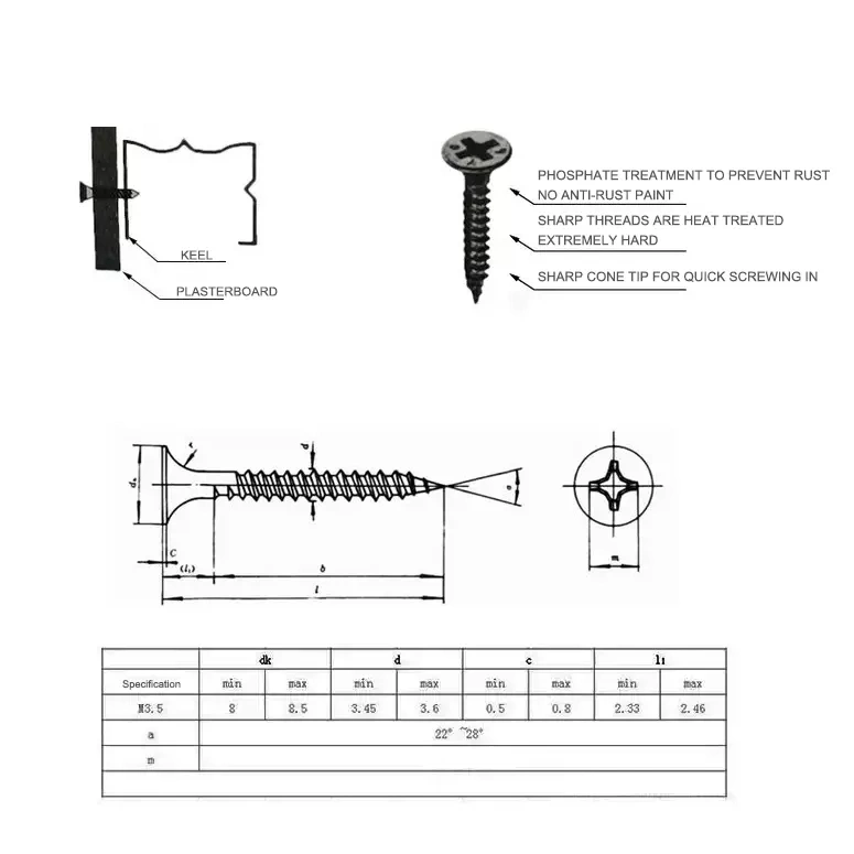 C1022 C1008 Steel Metal DIN18182 Black Phosphated Gypsum Drywall Screws