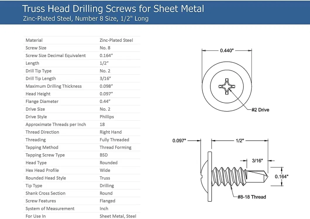 Zinc-Plated Steel for Sheet Metal, Phillips Modified Truss Head Self-Drilling Screw