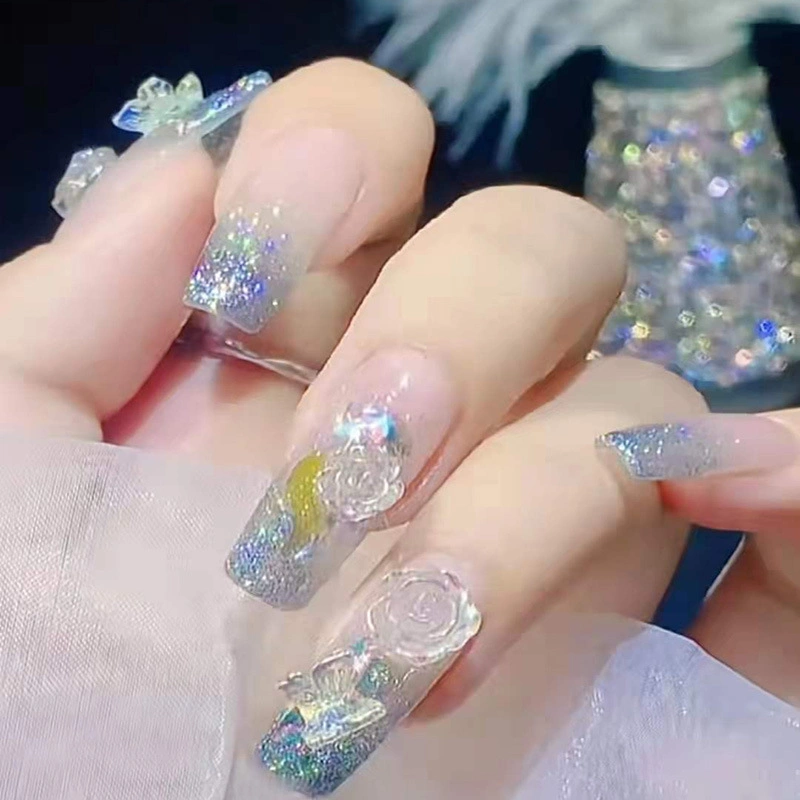 Pure Lust Metal Rose Wearing Nail Sheets Scalding Silver Aurora Butterfly Crushed Diamond Glue Flashing Short Ladder Fake Nails