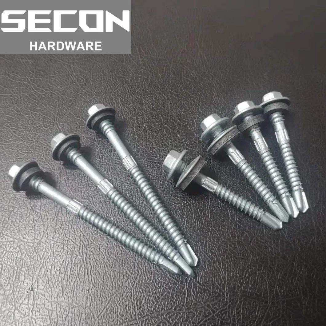 China Self Drilling Screw Indented Hex Flange Washer Head Double Thread #3 Point, Assembling with Deks EPDM Washer Hardened and Green Ruspert Coating 500h Screw