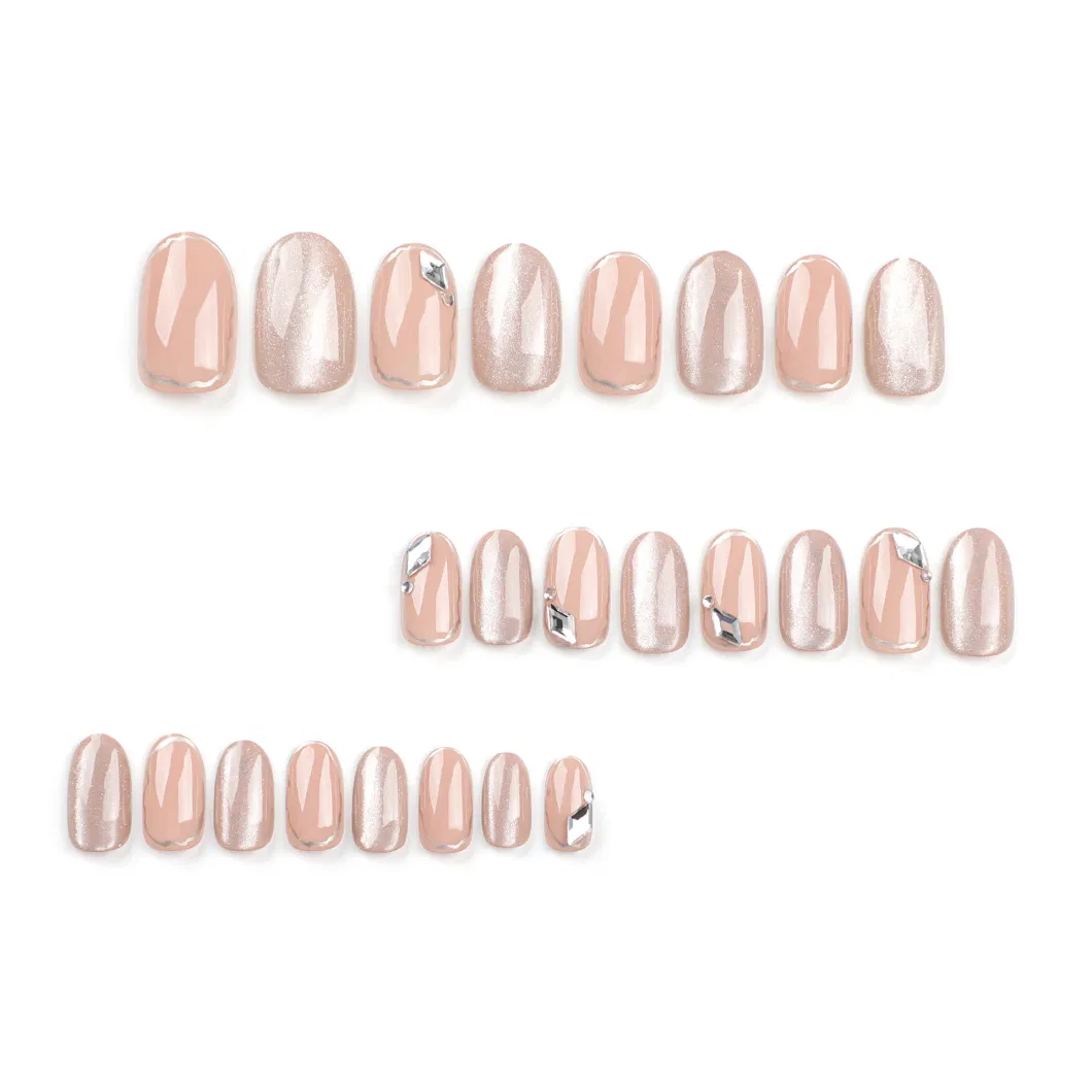 2024 New Simple Diamond Diamond Wearing a Sweet Cat&prime;s Eye Nude Manicure Nail Short Round Fake Nails Wholesale.