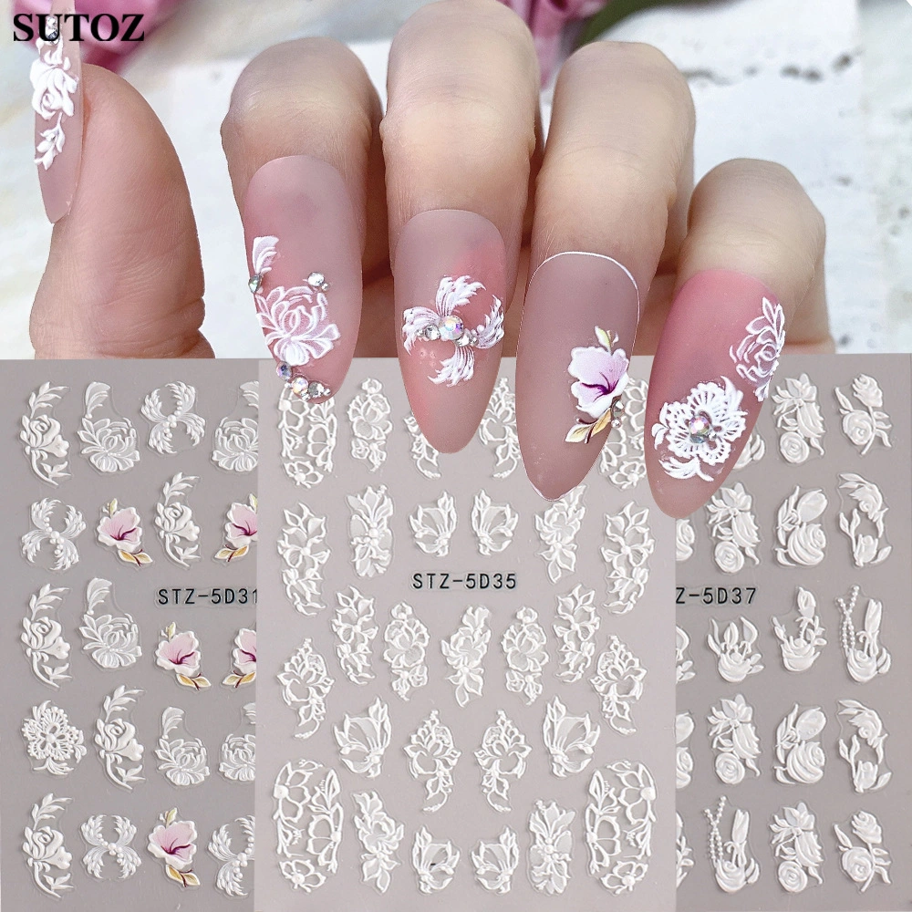 Cross-Border New Nail Art Stickers 5D Three-Dimensional Carved Hollow White Bridal Nail Lace Butterfly Flower Nail Stickers