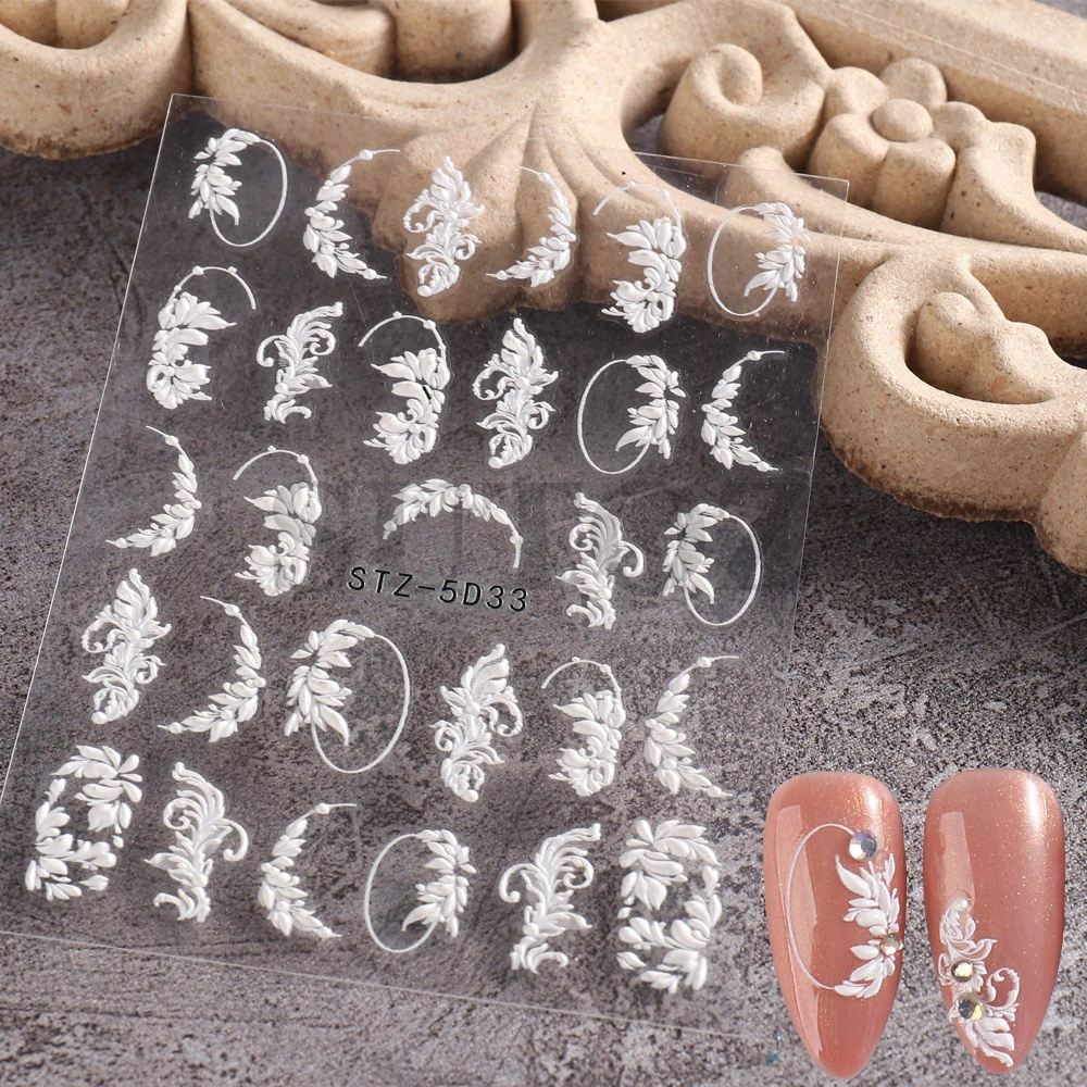 Cross-Border New Nail Art Stickers 5D Three-Dimensional Carved Hollow White Bridal Nail Lace Butterfly Flower Nail Stickers