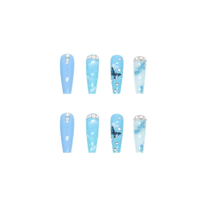 Blue Ice Penetrating Butterfly Shining Diamond Long False Nail Patch