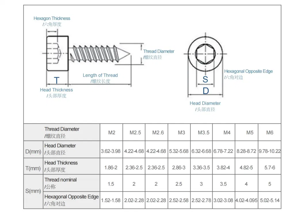 304 Stainless Steel Hexagon Socket Screw / Cylindrical Head Self Tapping Cup Head Self Tapping Screw M2/M2.6/M3/M4/M5/M6