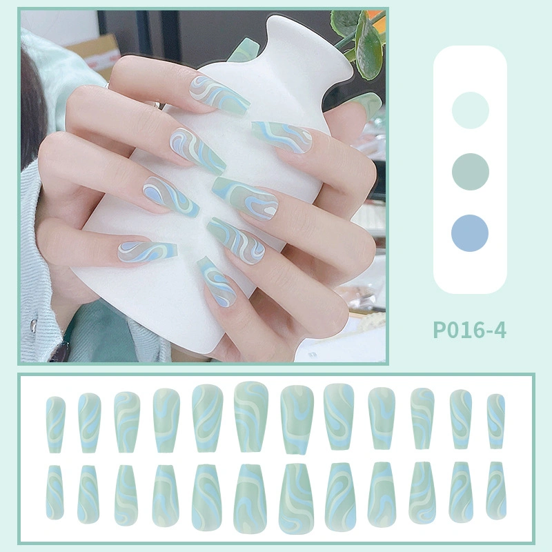 24PCS Press on Nails Long French Line Faker Nails Mint Green Wavy Lines Ballerina False Nails for Women and Girls