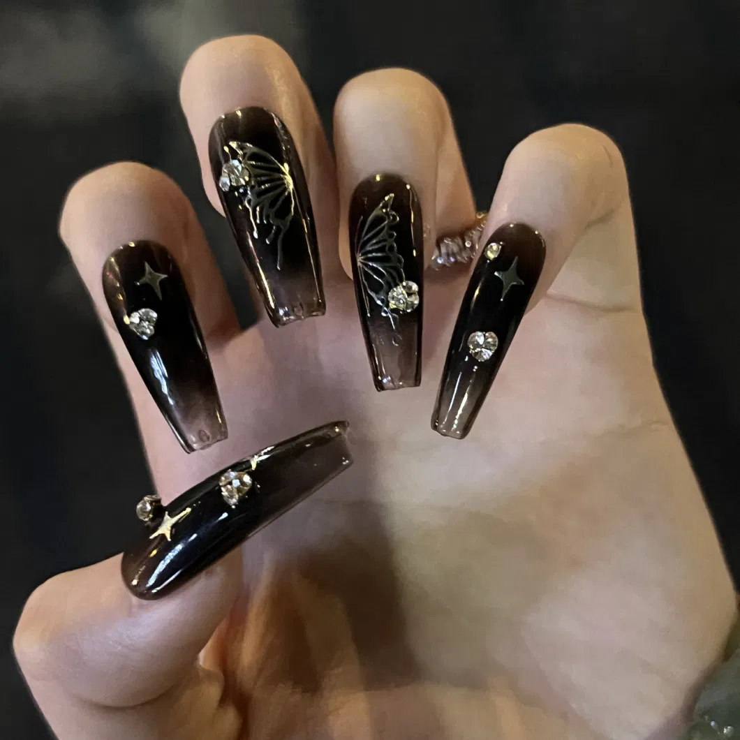 Wearing Fake Nails with Ice Permeating Black and Silver Hollow Nails