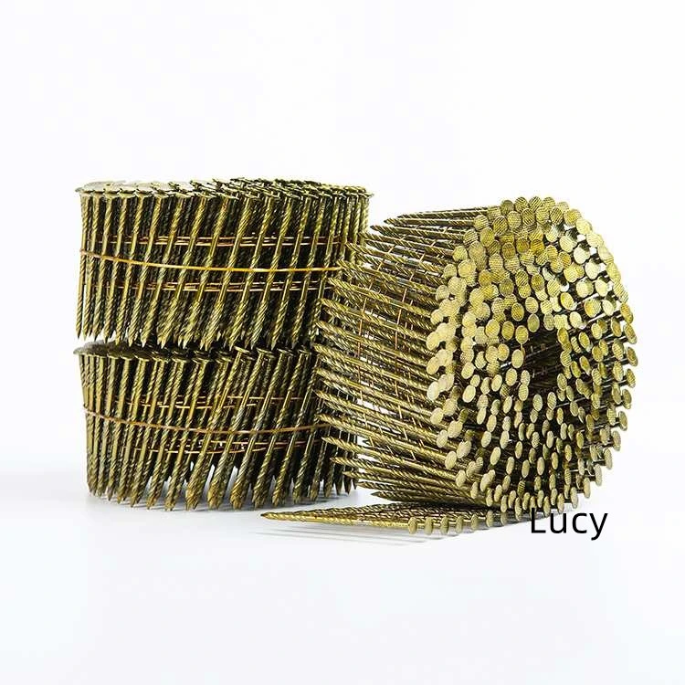 Screw Wire Coil Nails Smooth, Screw and Ring Shank Yellow Zinc Galvanized Pallet Nails Iron Flat Checked Head for Pallet Decking