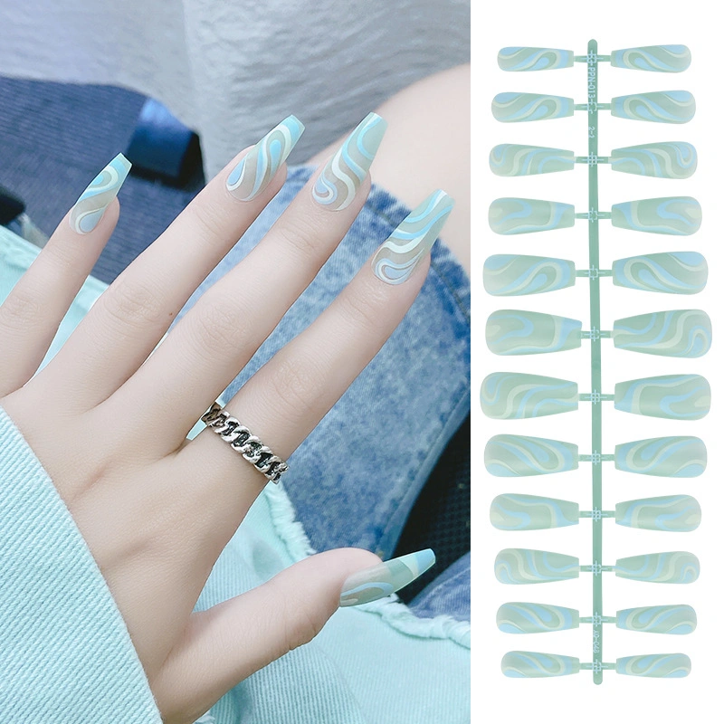 24PCS Press on Nails Long French Line Faker Nails Mint Green Wavy Lines Ballerina False Nails for Women and Girls