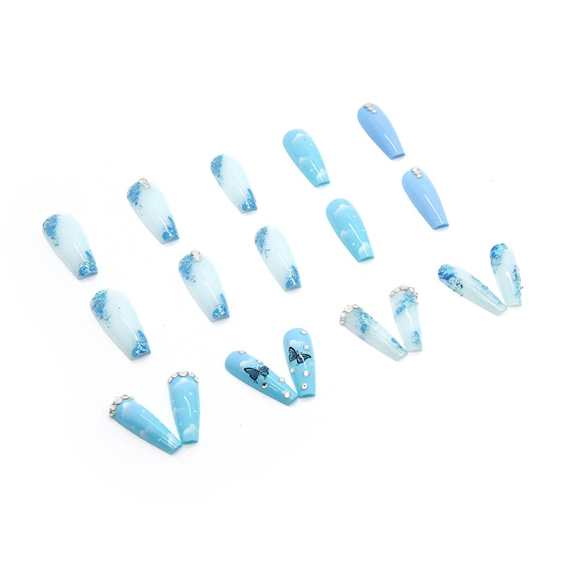 Blue Ice Penetrating Butterfly Shining Diamond Long False Nail Patch