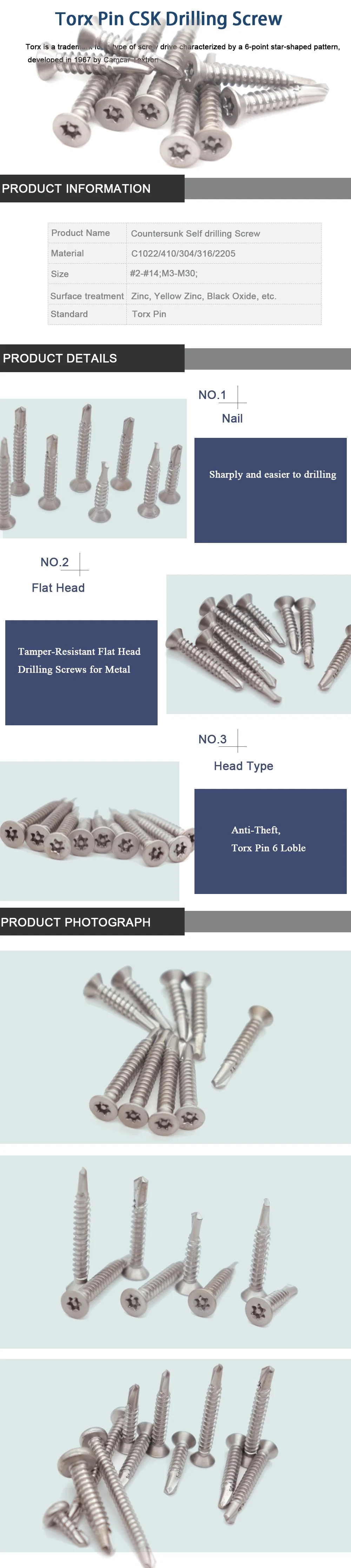 Made in China Stainless Steel 304 316 410 Hexalobular Socket Countersunk Deck Head Self Drilling Screw