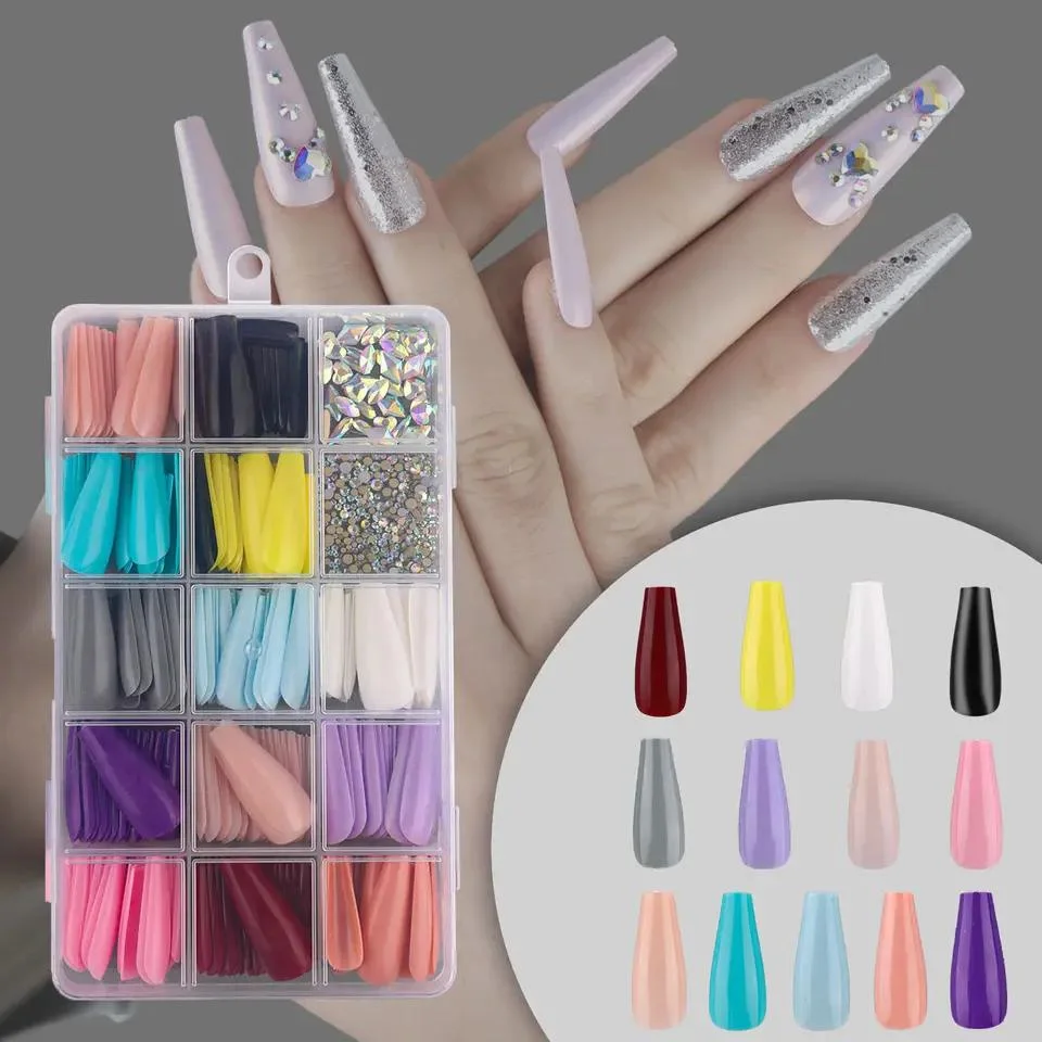 Full Cover False Nail Tips Long Ballerina Coffin Fake Nails Square French Press on Nails Art with Diamond