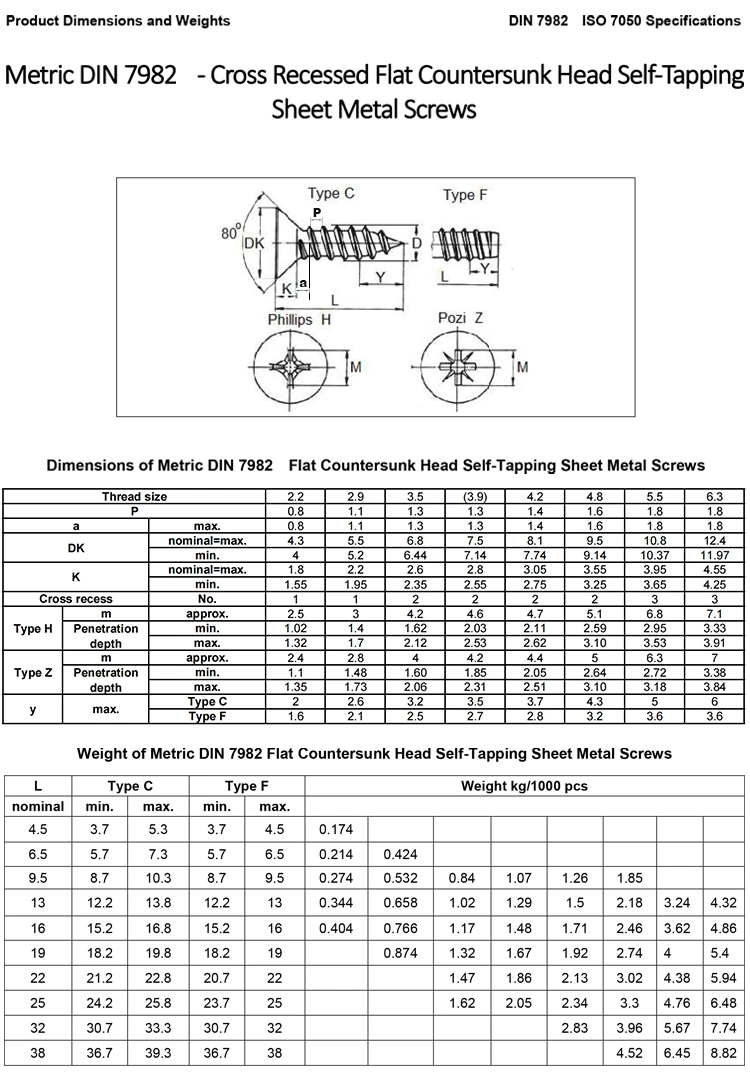 DIN7982 GB846 Self-Tapping Stainless Steel 304 316 Csk Flat Head Chipboard Wood Screw