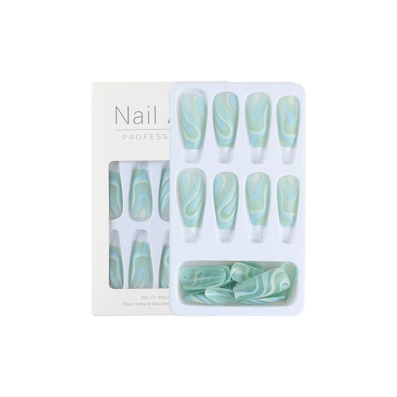 24PCS Press on Nails Long French Line Faker Nails Mint Green Wavy Lines Ballerina False Nails for Women and Girls