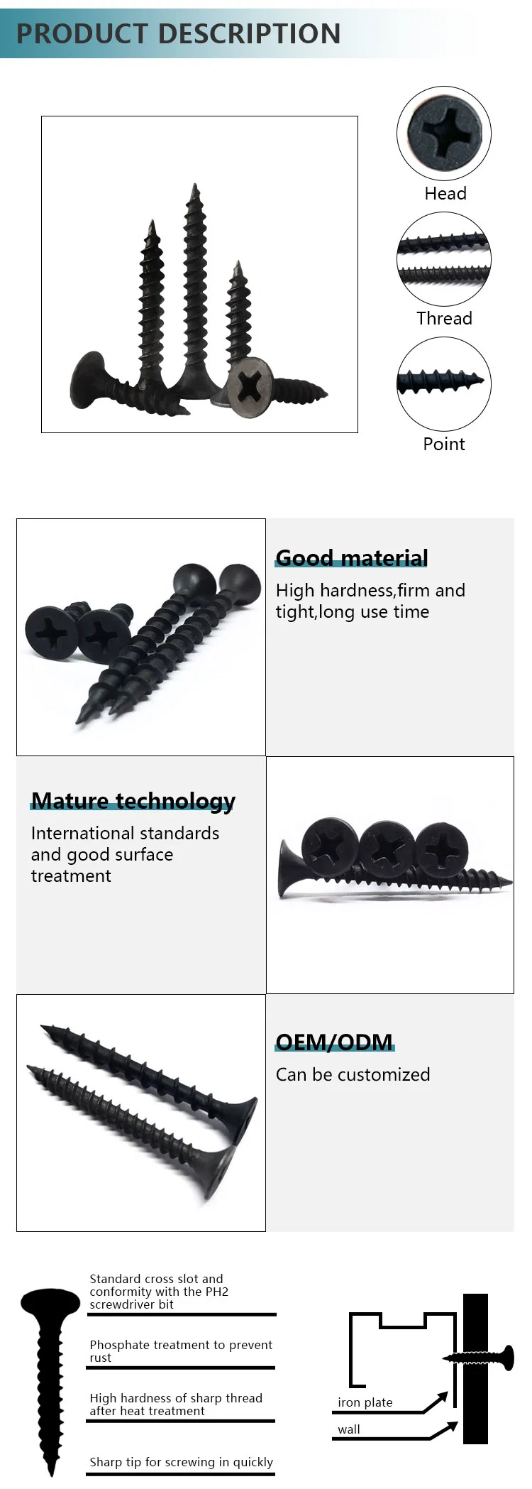 Black Oxide Drywall Nail Screw Carbon Steel Trumpet Head Double or Single Threaded Drywall Screw