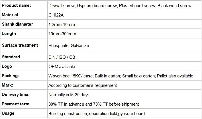 Gypsum Plasterboard Drywall Screw with Bugle Head Black Phosphate