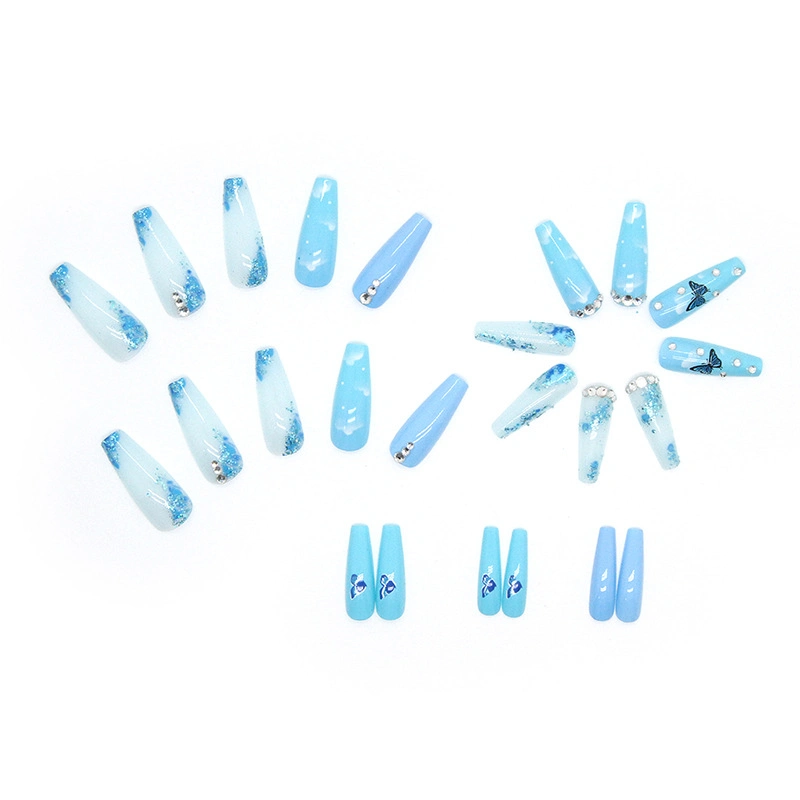 Blue Ice Penetrating Butterfly Shining Diamond Long False Nail Patch