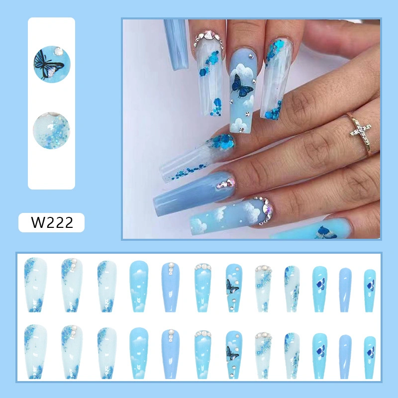 Blue Ice Penetrating Butterfly Shining Diamond Long False Nail Patch