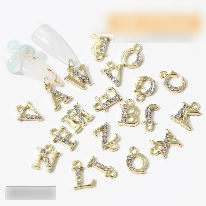 Nail Decoration Alloy Nail Decoration Large Pendant Gold 26 Letters Inlaid Diamond Bright Nail Three-Dimensional Decoration