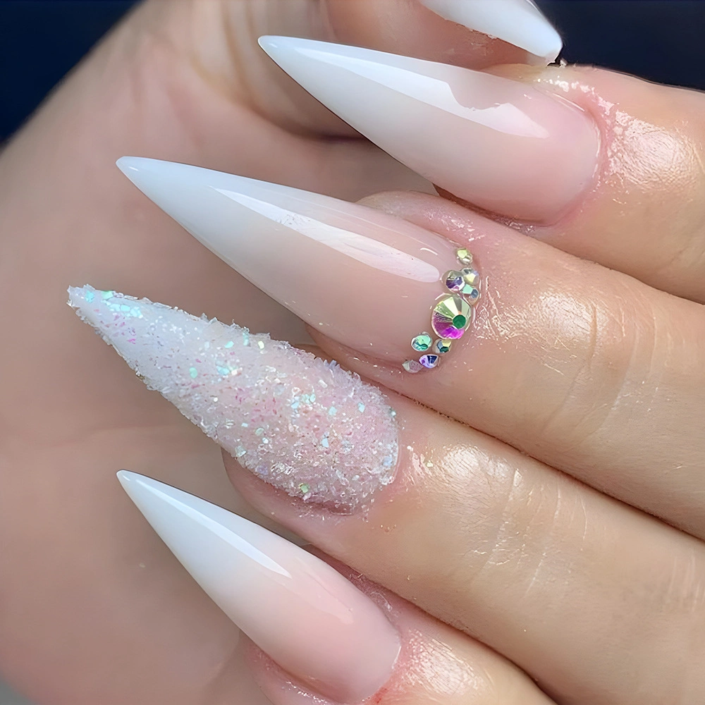 Cross-Border Explosive Ultra Long Water Drop Nail Powder White Gradient Wear Nail Nail Glitter with Diamond Fake Nail Patch Nails