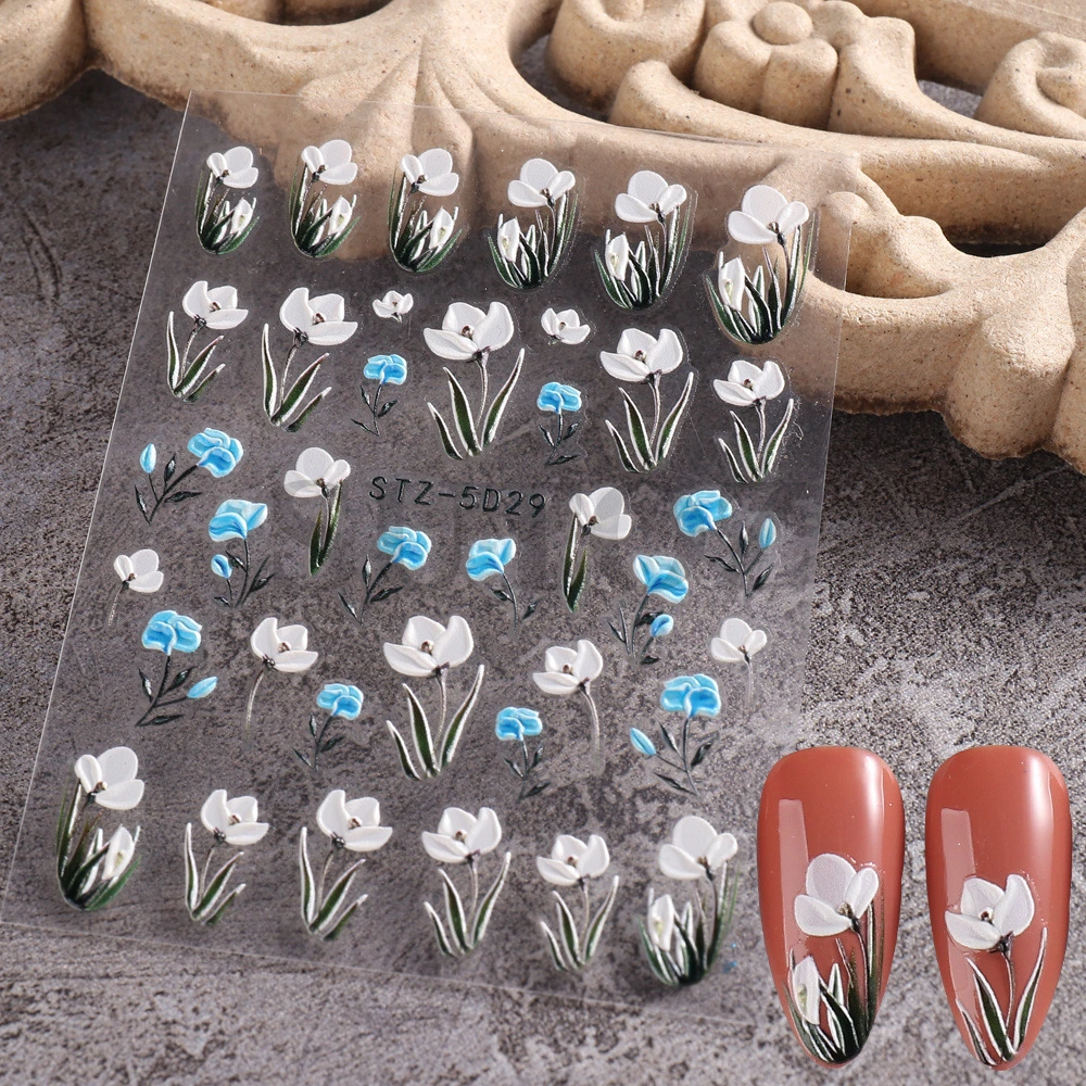 Cross-Border New Nail Art Stickers 5D Three-Dimensional Carved Hollow White Bridal Nail Lace Butterfly Flower Nail Stickers