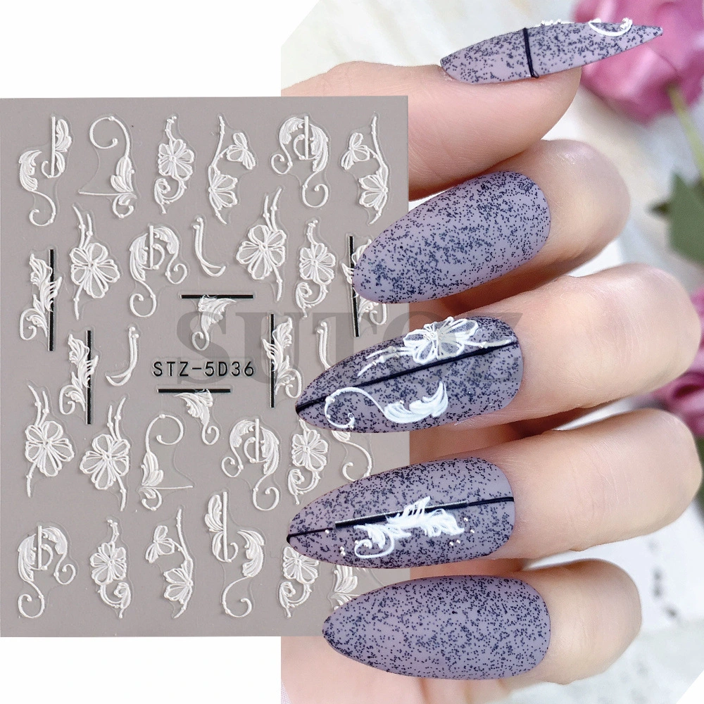 Cross-Border New Nail Art Stickers 5D Three-Dimensional Carved Hollow White Bridal Nail Lace Butterfly Flower Nail Stickers