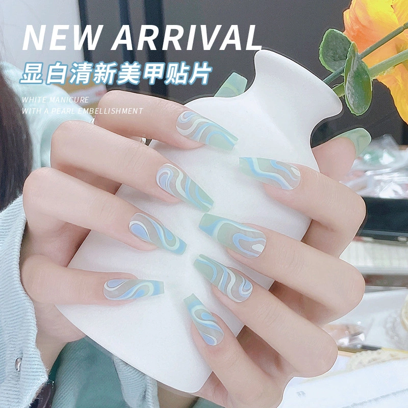 24PCS Press on Nails Long French Line Faker Nails Mint Green Wavy Lines Ballerina False Nails for Women and Girls