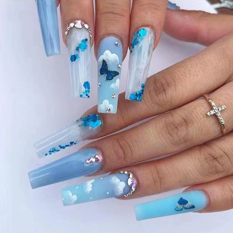 Blue Ice Penetrating Butterfly Shining Diamond Long False Nail Patch