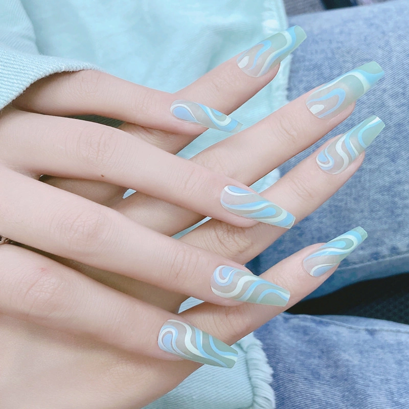 24PCS Press on Nails Long French Line Faker Nails Mint Green Wavy Lines Ballerina False Nails for Women and Girls