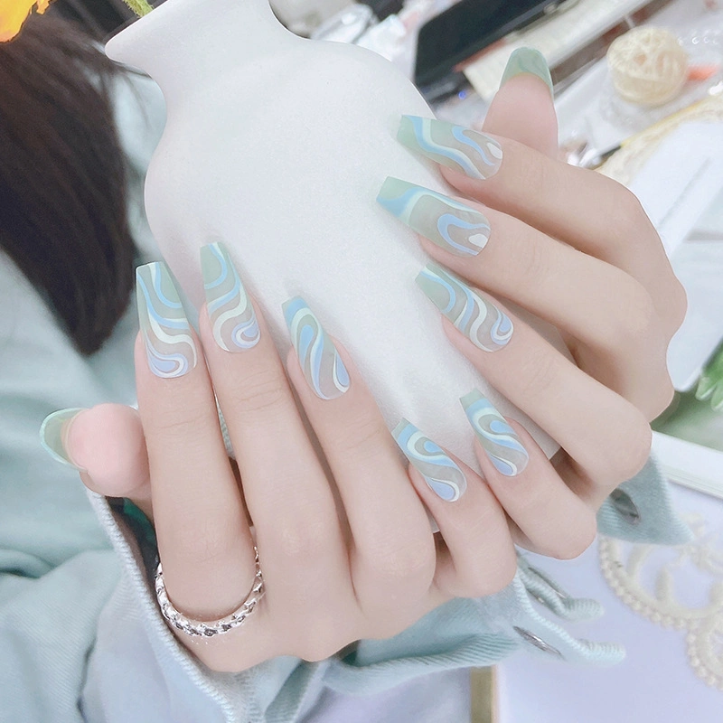 24PCS Press on Nails Long French Line Faker Nails Mint Green Wavy Lines Ballerina False Nails for Women and Girls