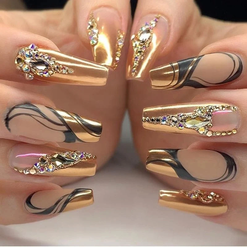 High Quality Luxury Diamond False Nails Extra Long Coffin Fake Nails Tipc Curve Elegant Design Press on Nails