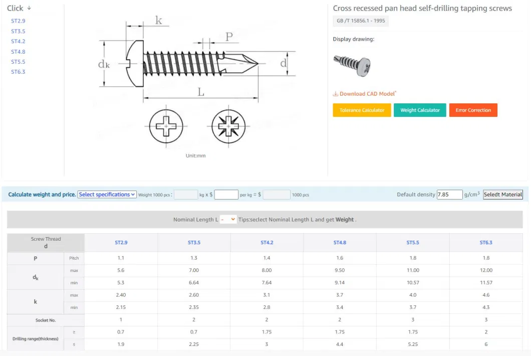 Carbon Steel Grade 4.8 8.8 10.9 12.9 Black Zinc Coated Phillips Pan Head Cylindrical Head Self-Drilling Screws DIN7504