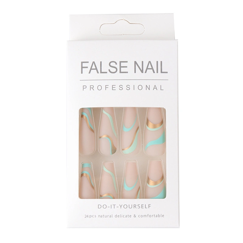 Gold Line Wavy Long Ballet Nail Print Gold Ins Frosted Nail Enhancement