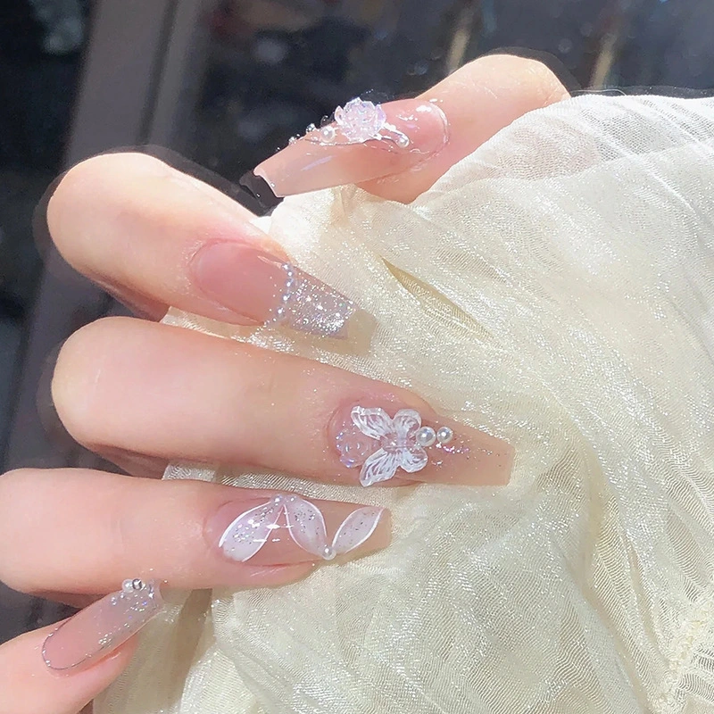 Women&prime;s Handmade Glitter Long DIY Nail Patch with Broken Diamond