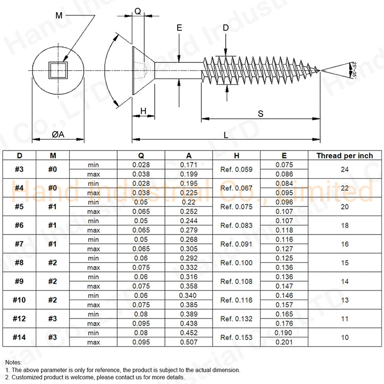 Stainless Steel 304 Type 17 #12 Square Socket Csk Head Wood Screw