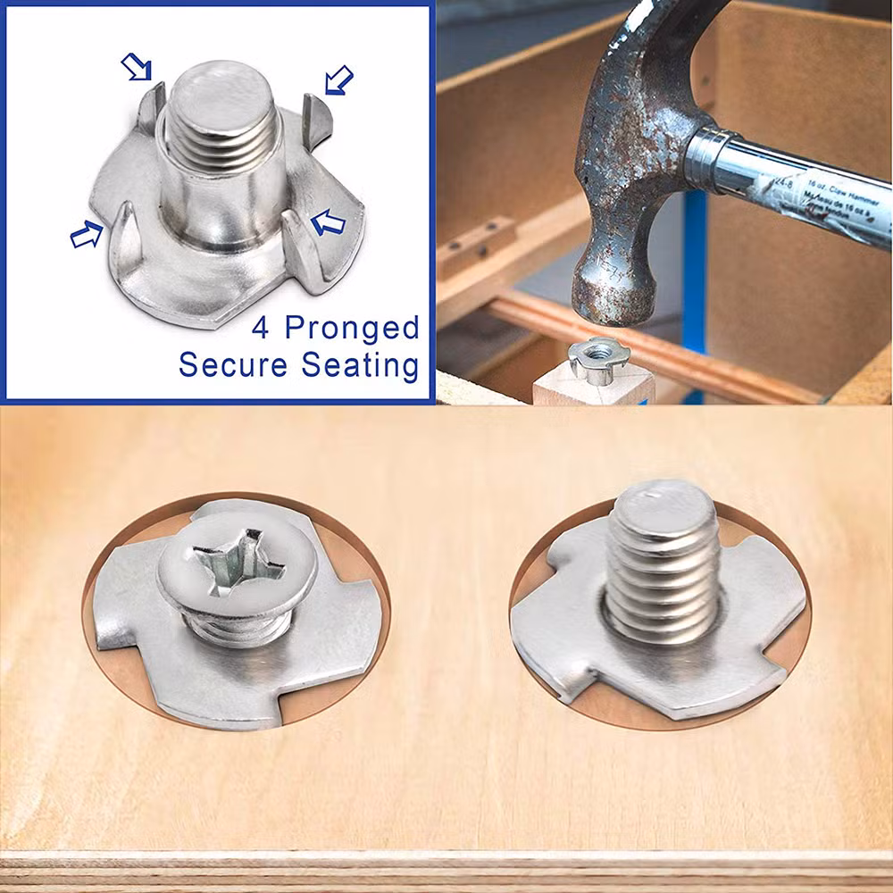 China Factory Threaded Insert T Nut M8X17mm Four Prong Tee Nuts