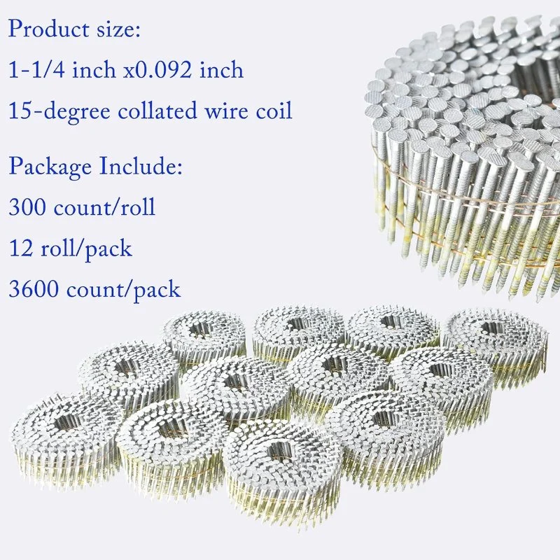 1200 Counts Coil Siding Nail Full Round Head Wire Collated Coil 15-Degree 1-1/4-Inch X. 090-Inch Ring Shank 304 Stainless Steel Coil Roofing Nails