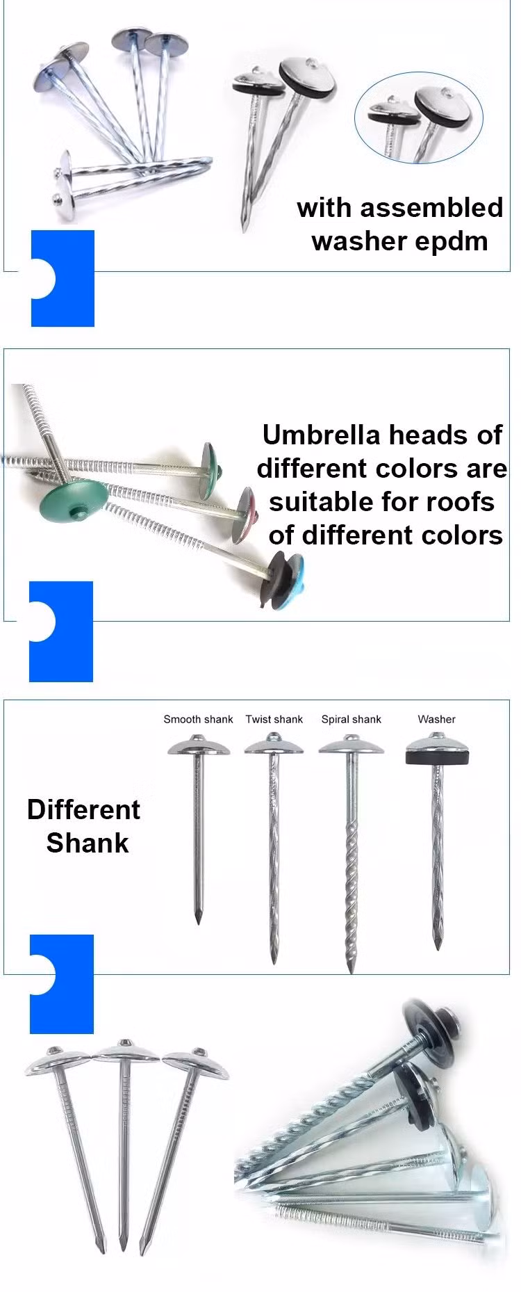 Smooth Galvanized Corrugated Umbrella Roofing Nails for Roof